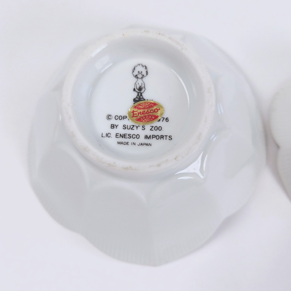 Suzy's Zoo Enesco Set Of 2 Vintage 70s Ceramic White Green Frog Lotus Bowls - Picture 8 of 14